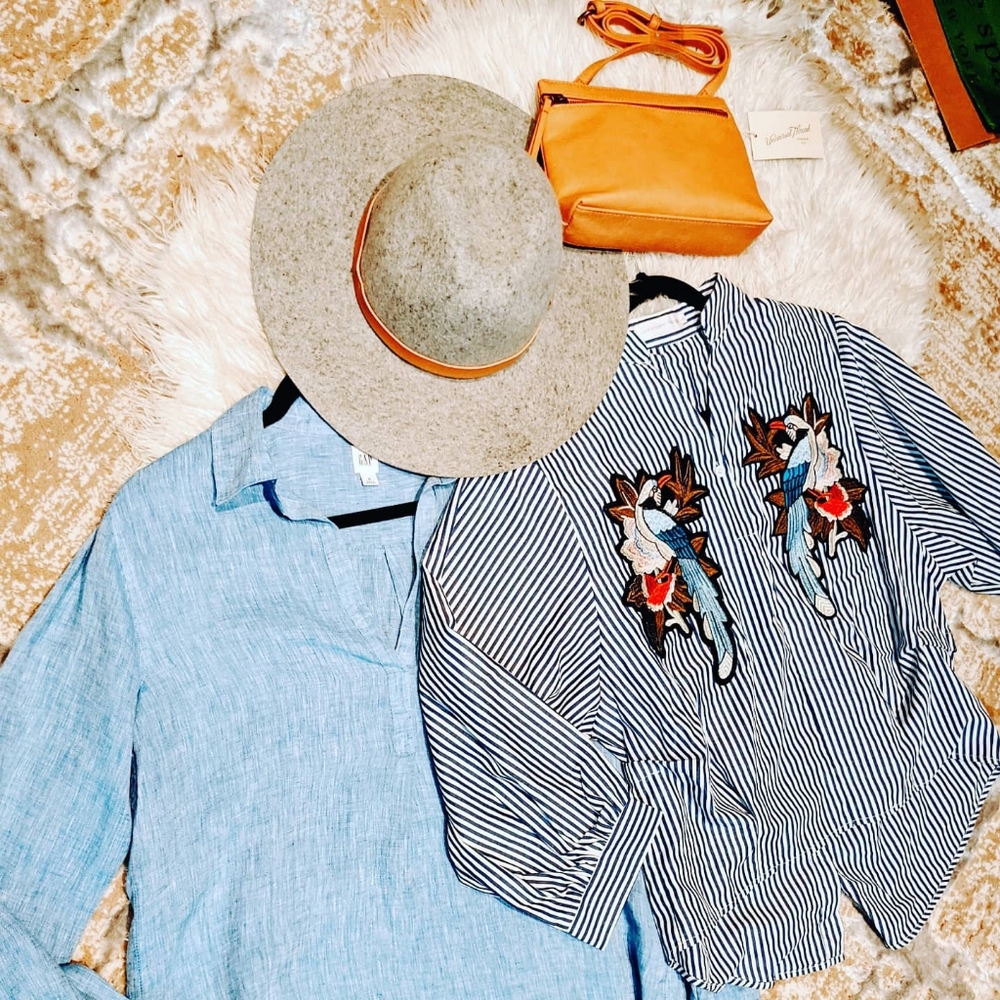 Striped Blue Floral Embroidered Women's Top